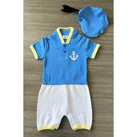 stylesilove Baby Boy Blue Donald Duck Inspired Short Sleeve Cartoon Romper and Hat 2pcs Cotton Outfit (Blue, 6-12 Months)