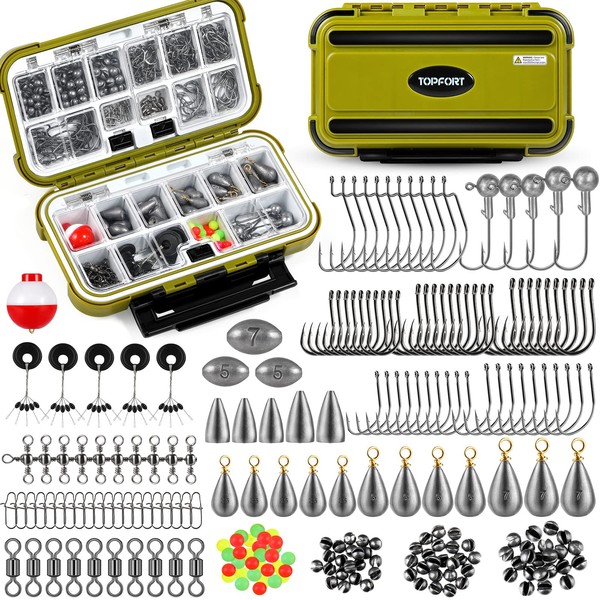 TOPFORT 187/343pcs Fishing Accessories Kit, Including Jig Hooks, Bullet Bass