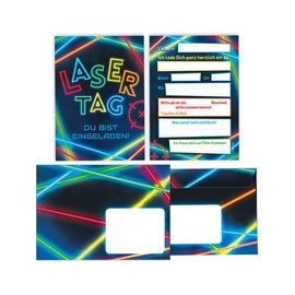 Minkocards 8 Invitation Cards Including 8 Envelopes for Children's Birthday Party Laser Tag Colourful Girls Boys Invitations for Birthday Children Invitation Set