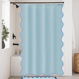 ORTIGIA Blue Scalloped Shower Curtain Small Stall 36 W x 72 H Inch, Light Blue Coastal Shower Curtains Modern Cute Preppy Aesthetic Waterproof Fabric Bath Bathroom Decor with Metal Hook