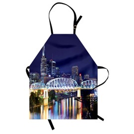 Lunarable Travel Apron, Skyline of Downtown Nashville Tennessee USA Reflection Travel Destination Image, Unisex Kitchen Bib with Adjustable Neck for Cooking Gardening, Adult Size, Purple Green