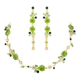 BriLove Flower Jewelry Set for Women,Crystal Rhinestones Flowers Marquise Cluster Statement Necklace Long Dangle Drop Earrings Wedding Bridal for Women Party Prom Light Green Gold-Tone