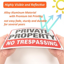 Private Property No Trespassing Sign, 10x7 Inch Reflective No Trespassing Signs Private Property Metal Signs Outdoor Indoor Use (4 Pack)