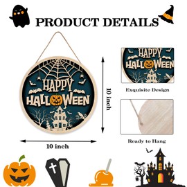 CWIOQPYI Halloween Decorations for Home Door, Happy Halloween Sign Farmhouse Home Window Wall Party Decoration Supplies, 10 inch Round Wooden Hanging Sign A07