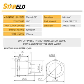 STARELO 5pcs 19mm Latching Push Button Switch Silver Shell with pre-Wiring, IP65 Waterproof Push Button Switch,Stainless Steel 1 Normally Open Without LED.