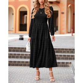 dowerme Women's Dresses 2024 Fall Puff Long Sleeve Crewneck Smocked Tiered Flowy A-Line Boho Wedding Party Maxi Dress(Black,Large)