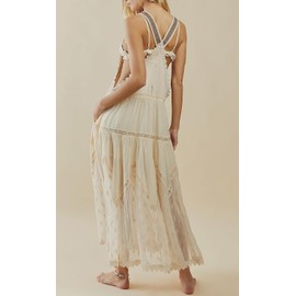 utcoco Women's Summer Laced Embroidered Tulle Bib Overall Dress Casual Loose Adjustable Straps Sleeveless Maxi Dress, Apricot, Small