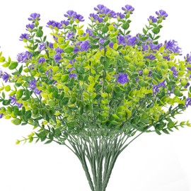 Moulyan Artificial Flowers for Outdoors UV Resistant Fake Flowers Faux Plants for Hanging Garden Porch Window Box Outside Decoration,Home Indoor Decor (Purple&Green, 6 Bundles)