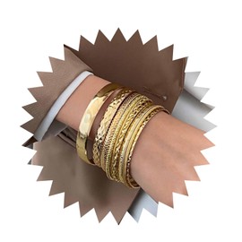 Inateannal Gold Bangle Bracelets Set for Women Multi Stackable Wide Bangle Collection Indian Bollywood Chunky Bangle Bracelets Layered Metal Textured Bracelets Wedding (10pcs), High-quality alloy