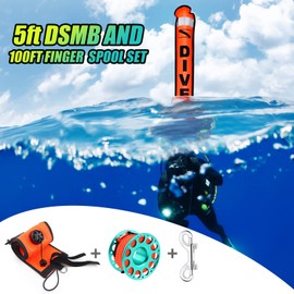 Juego de boya de marcador de superficie (SMB), banda reflectante de alta visibilidad de 5 pies, salchicha de seguridad con parte inferior abierta con carrete de aleación de 100 pies y gancho de doble