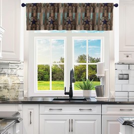 jejeloiu Western Texas Star Valance Curtains for 52"x12" Wooden Plank Kitchen Curtains Valances for Texas Star Curtain Valances Windows Boys Girls Barn Door Farmhouse Thermal Insulated Short Valance