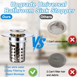 2 Pcs Bathroom Sink Drain Strainer with Hair Catcher, Pop Up Sink Drain Stopper with Removable Stainless Steel Filter Basket for 1-1.45" Plughole, Anti-Clogging Strainer for Kitchen/Bathroom