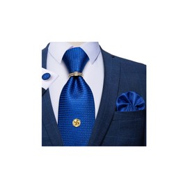 DiBanGu - Corbata de seda sólida para hombre, lazo dorado con cadena, anillo de corbata dorado, cuadrado de bolsillo, gemelos de regalo, 02 Bright Royal Blue, Talla única