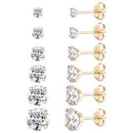 6 Pairs Surgical Stainless Steel Screw back Stud Earrings, 18K Gold Plated Heart Star Square Princess Cut Round CZ Stud Earrings Set (Gold round butterfly back)