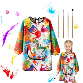 Dantolo Painting Apron, Painting Coat for 7-11 Years, Waterproof Painting Gown, Craft Apron with Sleeves and Big Pockets for School, Art, Painting, Cooking, silver
