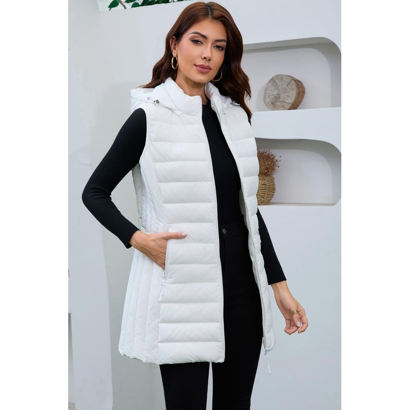 MODERN BUBBLE Long Puffer Vest for Women with Hood Lightweight