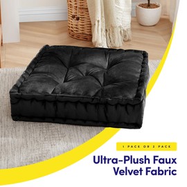 Sweet Home Collection Floor Pillow Large Square Tufted Decorative Cushion. Faux Velvet Fabric Ultra Thick Fill for Kids and Adults, 1 Pack, Black