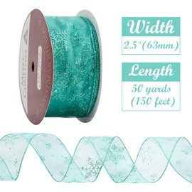 HUIHUANG Snowflake Sheer Wired Teal Ribbon for Christmas Tree - 50 Yards, Top Bows, Garland, Gift Wrapping, Wreaths - 2.5