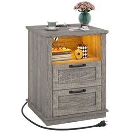 UPOSOJA Farmhouse Nightstand with Charging Station, 3-Tier Bedside Table with Open Shelf, Side Tables Bedroom with Charging Station, LED Sofa Side Table for Storage End Table (White+Brown, 2Pcs)