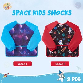 2 Pack Kids Art Smocks - Toddler Smock Kids Apron Boys Painting Artist Smocks Children Space Astronaut Cooking Baking Gardening Waterproof Artist Painting Aprons with Long Sleeve Pocket Age 3-8