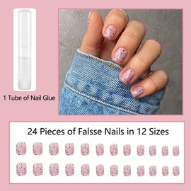 24Pcs Square False Nails Short - Nude & Dots Press on Nails - Fake Nails with Glue Removable - Stick on Nails French Tip - Full Cover False Nails & Accessories Nails Art for Women
