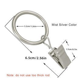 24 Sets of Curtain Rings with Clamps, Curtain Clips with Loops, Curtain Rings with Inner Diameter 3.2 cm, Suitable for Curtain rods up to 2.54 cm, Silver