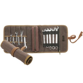 16OZ Waxed Canvas Tool Roll Bag, Heavy Duty Tool Storage Roll Bag with 7 Tool Slots & 1 Removable Pouch, Multi-Purpose Organizer for Wrenches Chisels Screwdriver, Grey + Brown