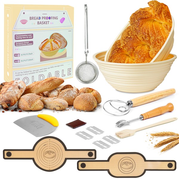 FJNATINH Silicone Banneton Bread Proofing Baskets, 9 Inch Round &