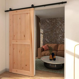 CCJH 5FT Sliding Track Barn Door Hardware Kit for Single Wood Door,Heavy Duty,T-Shaped Style Black