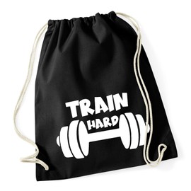 Huuraa Gym Bag Train Hard Dumbbell Backpack Cotton 12 Litres with Motif for All Sports and Fitness Fans Gift Idea for Friends and Family, black, daypack