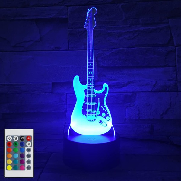 AZIMOM 3D Illusion Lamp Electric Guitar Remote Control 16 Colors Night Light for Kids Smart Touch Bedside Lamps Bedroom Decoration Boys & Girls Women Birthday Gifts