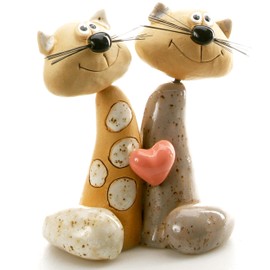 EnigmaSupplies Whimsical Ceramic Tabby Cat Duo Embracing a Heart
