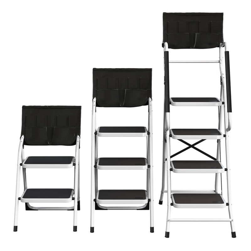 3-Step Stool - Folding Ladder with Handrails, Attachable Tool Bag,