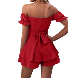 LYANER Women's Off the Shoulder Wrap Tie Up Back Ruffle Short Sleeve Romper Short Jumpsuit Red Medium