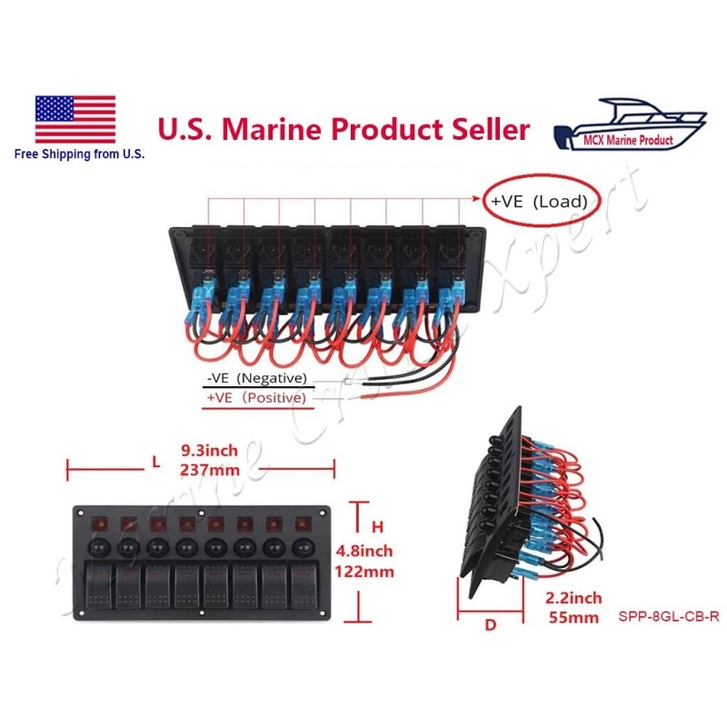 STX Boat Marine 8 Gang Switch Panel Circuit Breaker Toggle