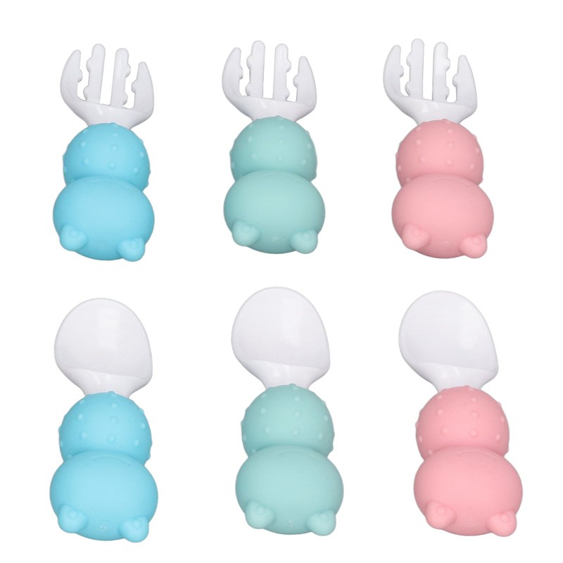 Baby Spoons Forks Set Short Handle Silicone Self Feeding Utensils