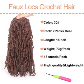 Mscat Faux Locs Crochet Hair 18 Inch Soft Locs 7 Packs/Lot Curly Wavy Pre-Looped Dark Brown Faux Locs Goddess Locs Synthetic Fibre Hair Extensions 18 Strands/Pack 30#