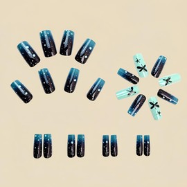 24 Pcs Dark Green Gradient Press on Nails Glossy Fake Nails Butterfly Design Medium Coffin False Nails Press ons Sparkly Full Cover Stick on Nails Spring Nails for Women DIY Manicure Decor