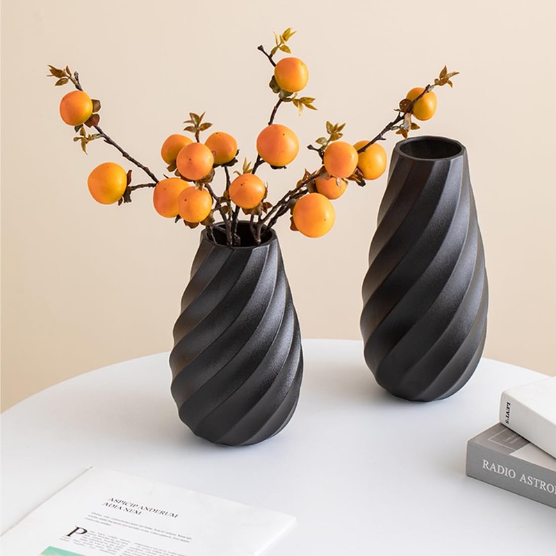 Black Ceramic Flower Vase with Textured Spiral Design, Modern Minimalist