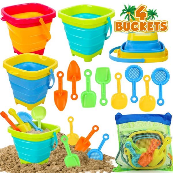 TOY Life Beach Toys, Sand Toys for Kids with 4 Collapsible Beach Buckets, Beach Toys Toddlers 1-3, Beach Toys for Kids Ages 4-8, Foldable Bucket Shovel, 2.5L