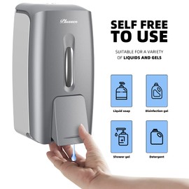 PLUSSEN Soap Dispenser Wall Mount Adhesive Commercial Soap Dispenser 800ml No Drill Hand Sanitizer Dispenser for Bathroom Support Liquid and Gel,Silver-PN9088
