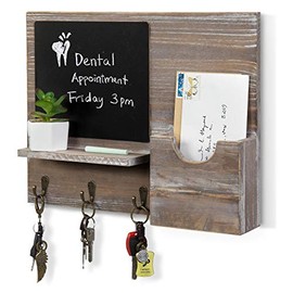 MyGift Barnwood Brown Key and Mail Holder for Wall with 3 Hooks and Chalkboard, Family Command Center Organizer
