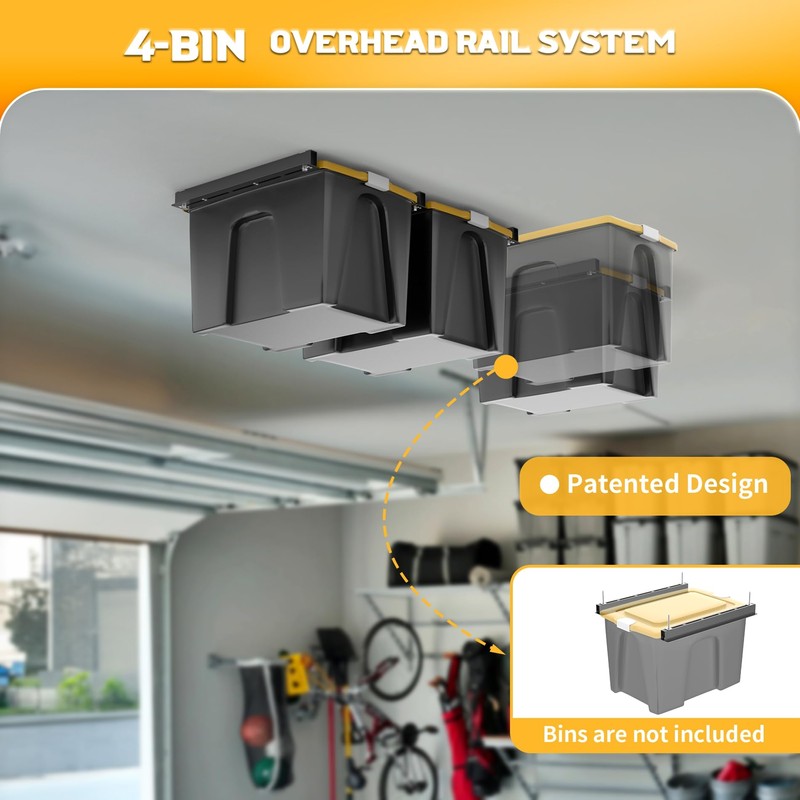 WALMANN Overhead Tote Storage Rails, Heavy Duty Garage Ceiling Bin