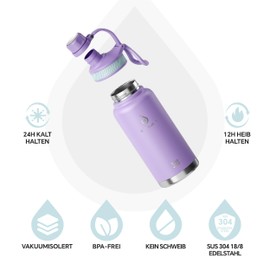 IDEUS Vacuum Insulated Water Bottle, 32 oz (950 ml) Stainless Steel Double Wall Bottle Metal Sports Canteen with Leak-Proof Screw Cap (Purple)