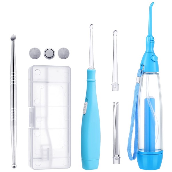 Tonsil Stone Remover, 1 Manual Pump Type Low Pressure Irrigator Oral Water Pick, 1 Tonsil Stone Remover with LED Light, 1 Stainless Steel Tonsil Stone Removal Tools to Get Rid of Bad Breath (Blue)