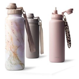 MAMEIDO Thermos Flask with Straw, 700 ml, Leak-Proof Drinking Bottle, Stainless Steel Insulated, Water Bottle with Carry Strap, BPA-Free Insulated Flask (Pearl Marble, 0.7 L)