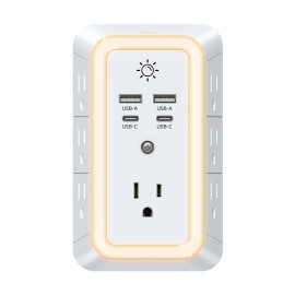 11-IN-1 USB Wall Charger Surge Protector with Night Light 7 AC Outlet Extender Splitter With 4 USB Charging Ports (2A+2C)color: White