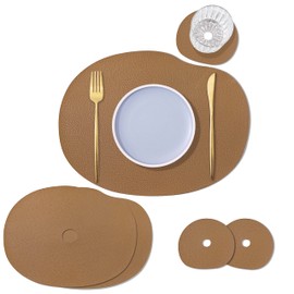 Modern Pebble Shape placemats - Brown Leather placemats and Coasters, Irregular Shape Design, 11 * 14.5 inch Round Table Runner, 4.6 * 5 inch Round Coasters (Dark Brown Leather placemats)