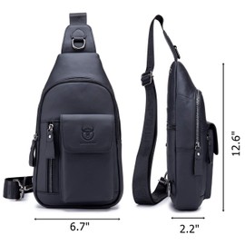 BULLCAPTAIN Genuine Leather Men Sling Bag Travel Crossbody Chest Bag Large Capacity Casual Hiking Daypack (Black)