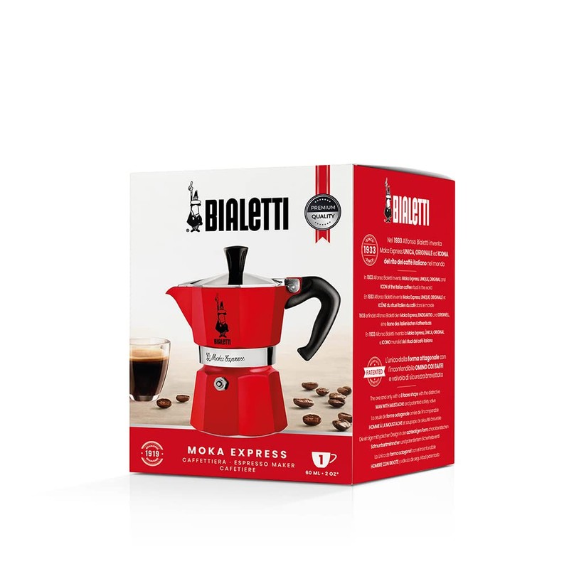 Bialetti Moka Express Red Caffettiera in Alluminio, 1 Tazza, Rosso,30